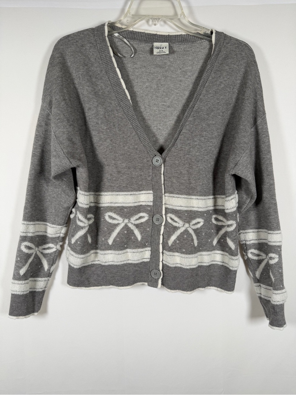 Gray Button-Up Bow Pattern Cardigan Sweater, dainty, ballet, feminine